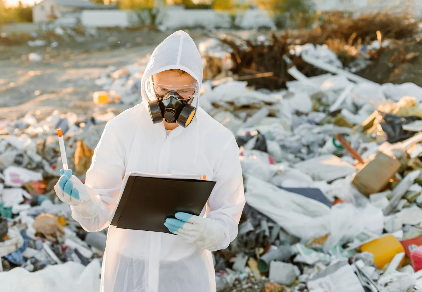 Man in coveralls doing junk removal research on environmental pollution