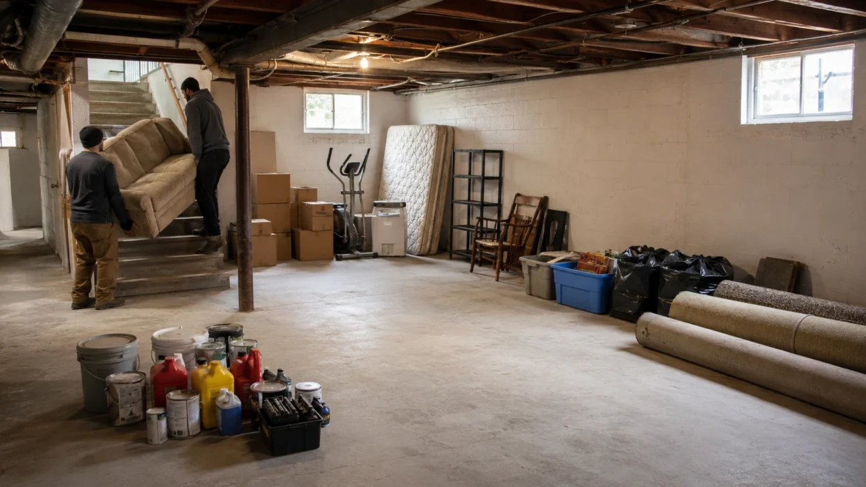 Junk Happens crew carrying a sofa upstairs during a basement cleanout in Minneapolis.